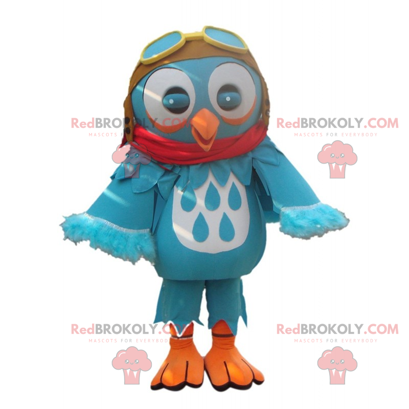 Kleines blaues Eulenmaskottchen mit Pilotenhelm - Redbrokoly.com