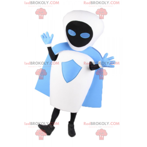 Hvid robotmaskot med blå kappe - Redbrokoly.com