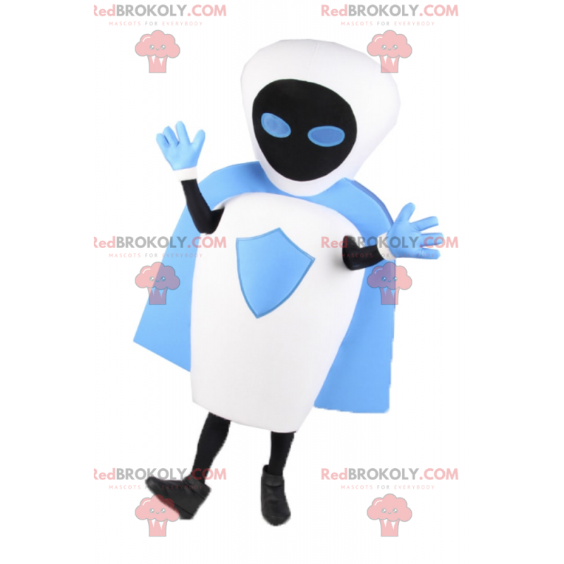 Mascotte robot bianco con mantello blu - Redbrokoly.com Mascotte robot bianco con mantello blu - Redbrokoly.com