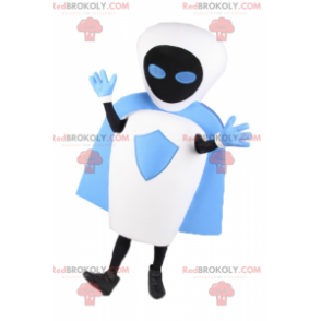 Hvit robotmaskot med blå kappe - Redbrokoly.com