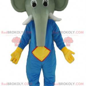 Grijze olifant mascotte in blauwe en gele outfit -