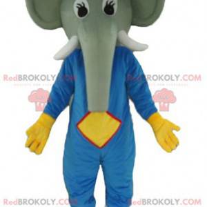 Grå elefant maskot i blå og gul tøj - Redbrokoly.com