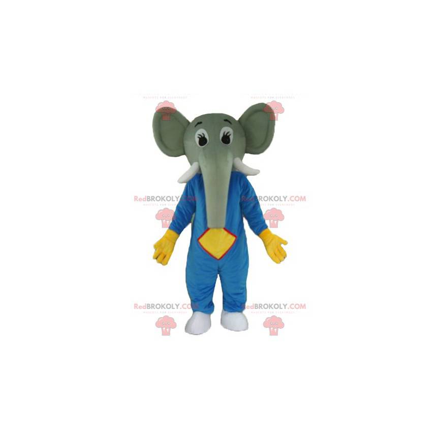 Grijze olifant mascotte in blauwe en gele outfit -