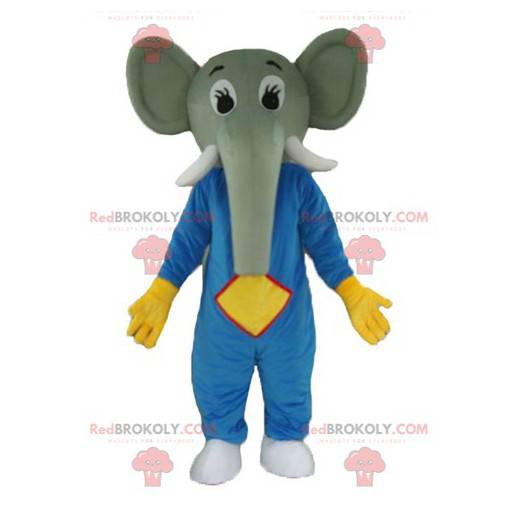 Grijze olifant mascotte in blauwe en gele outfit -