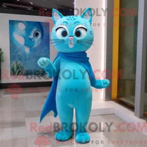 Cyan Cat maskot draktfigur...
