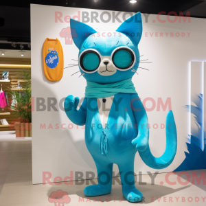 Cyan Cat maskot draktfigur...