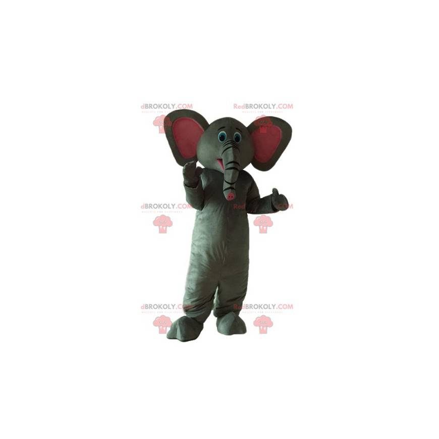 Cute and very successful gray and pink elephant mascot -