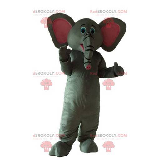 Mascote elefante cinza e rosa fofo e muito bem-sucedido -