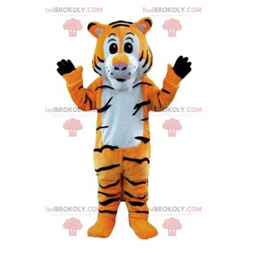 Mascote tigre laranja com listras brancas e pretas -