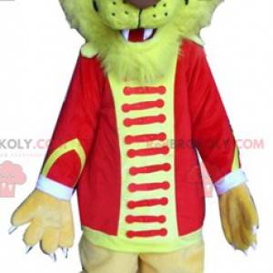 Mascota de león tigre amarillo en traje de circo -