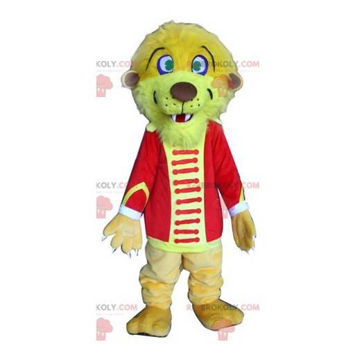 Mascota de león tigre amarillo en traje de circo -