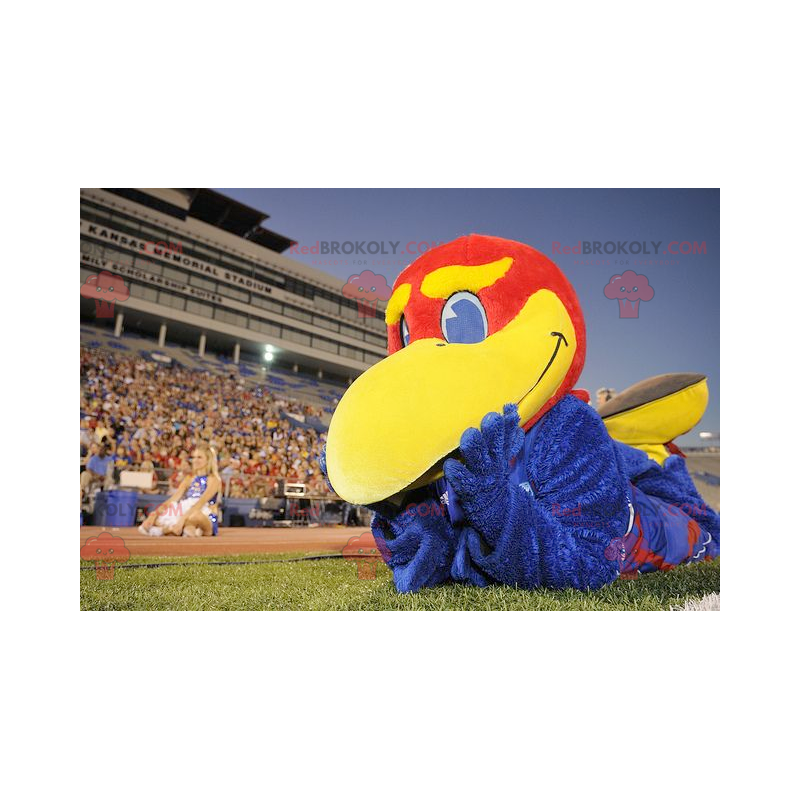 Mascot stor blå rød og gul fugl - Redbrokoly.com