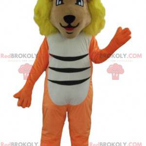 Orange lion mascot white and black with a yellow mane -