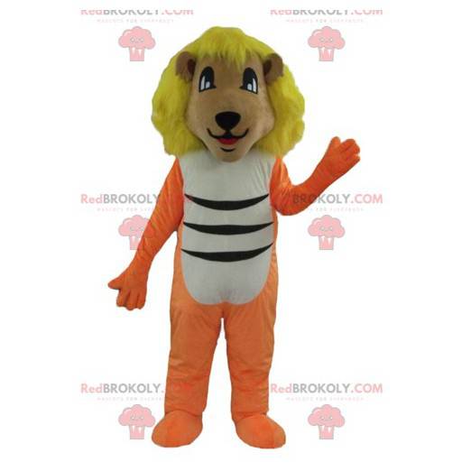 Mascota león naranja blanco y negro con una melena amarilla -
