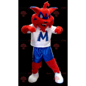 Maskot červená modrá a bílá kočka - Redbrokoly.com