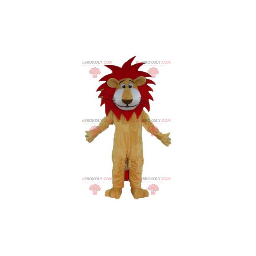 Mascote leão bege e vermelho com uma linda juba - Redbrokoly.com