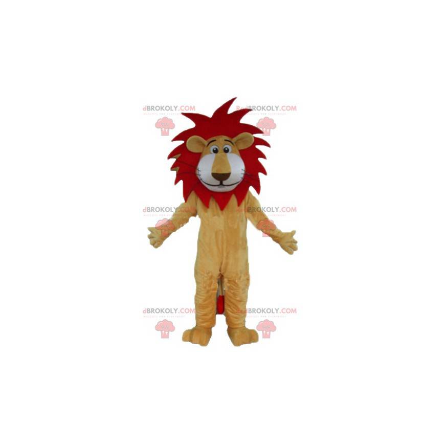 Röd och vit beige lejonmaskot med en vacker man - Redbrokoly.com