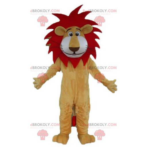 Rød og hvid beige løve maskot med en smuk manke - Redbrokoly.com