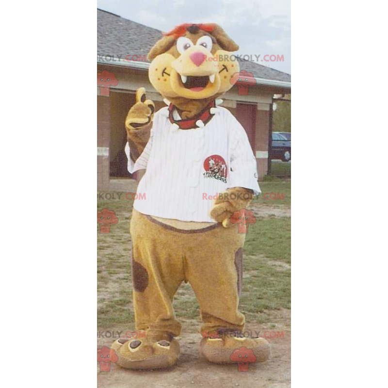 Brown and beige dog mascot with a white t-shirt - Sizes L (175-180CM)