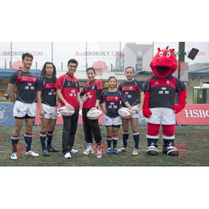 Mascota de hipopótamo rojo en ropa deportiva - Redbrokoly.com