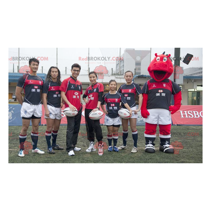 Rotes Nilpferd-Maskottchen in Sportbekleidung - Redbrokoly.com