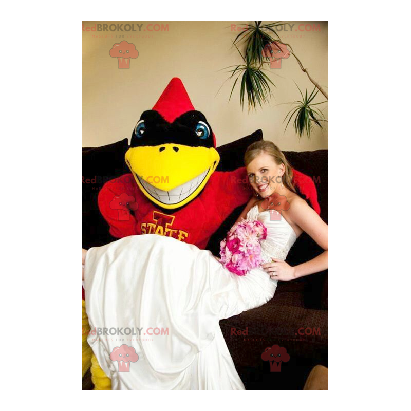 Rood geel en zwart superheld vogel mascotte - Redbrokoly.com