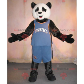 Mascote panda preto e branco em roupas esportivas -
