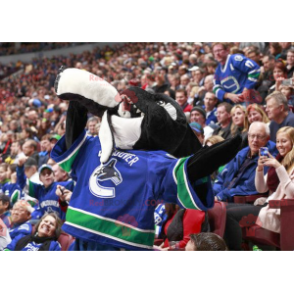 Svartvit späckhuggarmaskot i hockeyklädsel - Redbrokoly.com