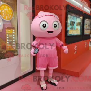 Fantasia de mascote de Dim Sum cor-de-rosa com bermuda e relógios inteligentes - Mascotes dim sum - RedBrokoly.com