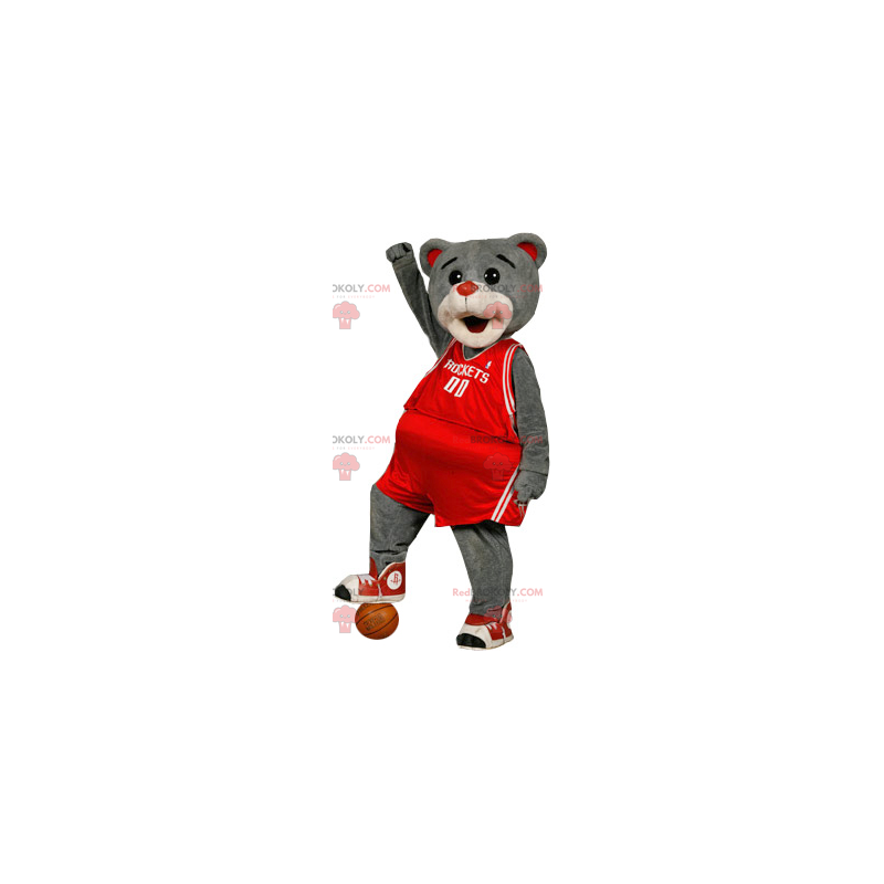 Mascote urso cinza em roupa esportiva vermelha - Redbrokoly.com