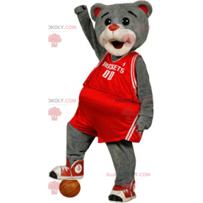 Mascote urso cinza em roupa esportiva vermelha - Redbrokoly.com