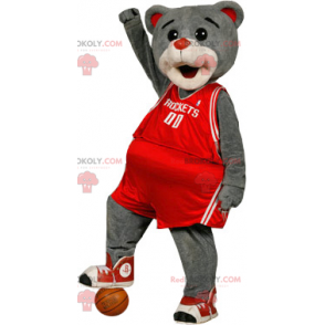 Mascotte d'ours gris en tenue de sport rouge - Redbrokoly.com