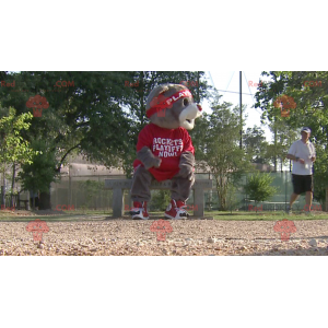 Gray bear mascot in red sportswear - Redbrokoly.com