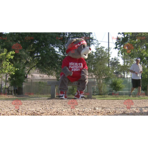 Gray bear mascot in red sportswear - Redbrokoly.com
