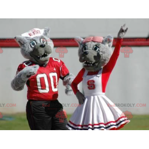 2 gray wolf mascots dressed in red and white - Redbrokoly.com