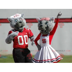 2 mascotes lobo cinza vestidos de vermelho e branco -