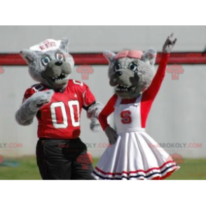 2 mascotes lobo cinza vestidos de vermelho e branco -