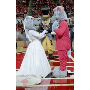 2 gray wolf mascots dressed in red and white - Redbrokoly.com