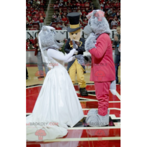 2 gray wolf mascots dressed in red and white - Redbrokoly.com
