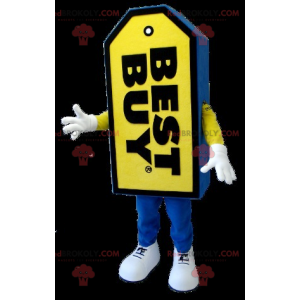 Mascote gigante da marca Best Buy em azul e amarelo