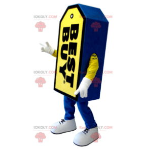 Mascote gigante da marca Best Buy em azul e amarelo -