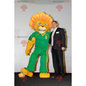 Gul lejonmaskot med en blommig man - Redbrokoly.com