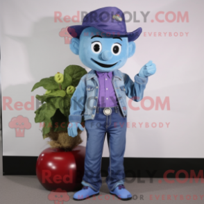 Fantasia de mascote de uva azul-celeste com jeans bootcut e alfinetes de lapela - Mascotes da uva - RedBrokoly.com
