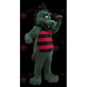 Green crocodile dinosaur mascot striped with black and red -