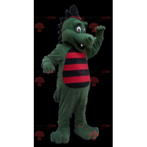 Grønn krokodille dinosaur maskot stripet med svart og rødt -