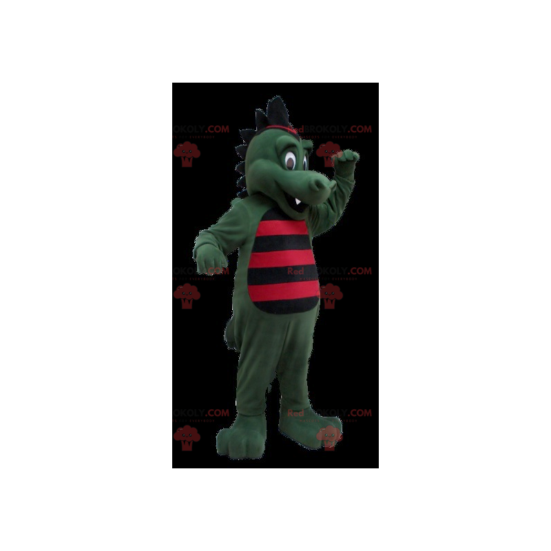 Green crocodile dinosaur mascot striped with black and red -