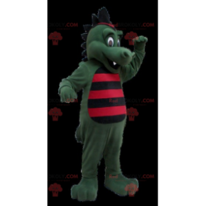 Green crocodile dinosaur mascot striped with black and red -