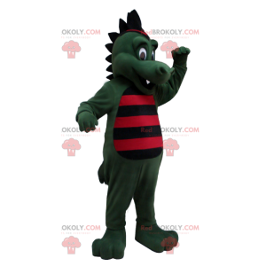 Green crocodile dinosaur mascot striped with black and red -