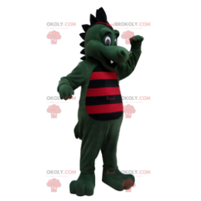 Green crocodile dinosaur mascot striped with black and red -