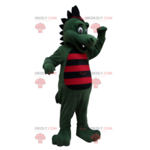 Mascote de dinossauro crocodilo verde listrado de preto e